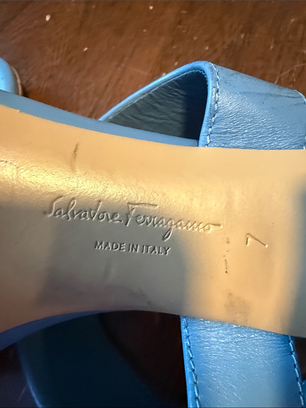 Salvatore Ferragamo Light Blue Leather Sandals with Gold Buckle - Picture 3 of 5